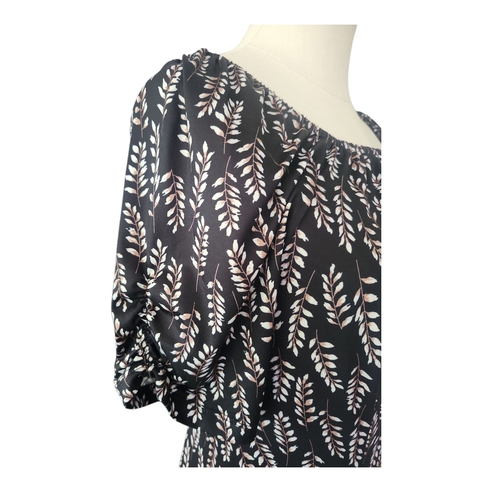 Allegra K Black Leaf Print Dress | Scoop Neck Stretch Knit Dress Size M - Picture 4 of 9